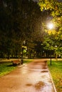 wet path and wooden bench in city park in night Royalty Free Stock Photo