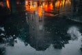 Wet pavement with reflected building and city night lights Royalty Free Stock Photo