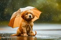 Wet puppy sits under umbrella on rainy day. Generative AI Royalty Free Stock Photo