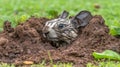 Wet rabbit emerging from burrow, grassy field Royalty Free Stock Photo