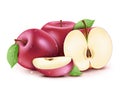 Wet Red Ripe Fresh Apples Sliced and Whole 3D Realistic with Water drops and Leaves