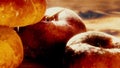 Wet ripe saturn peaches on a wooden table on a sunny day. Macro shot Royalty Free Stock Photo
