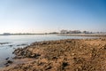 Wet riverbank covered with stones