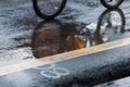 Wet road in the city with reflections of bike.