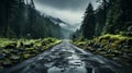 Wet road in the forest and fog. Generative AI. Royalty Free Stock Photo