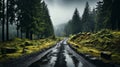 Wet road in the forest and fog. Generative AI. Royalty Free Stock Photo