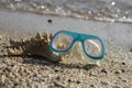 A swimming mask and a starfish lie on a sandy beach, and the waves are foaming behind. Vacation on the seashore. Sunny weather.