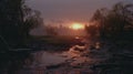 Wet Scenery At Evening Glow: A Photorealistic Capture With 35mm Lens And Kodak Film