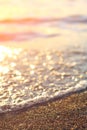 Wet sea sand on beach against background beautiful golden sunset. Close up sea sand on shore ocean during sunset.Landscape sunset Royalty Free Stock Photo