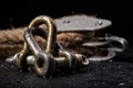 Wet shackles and heavy jute rope wrapped on rollers in a sailing pulley. Accessories used on yachts for sailing in the sea Royalty Free Stock Photo