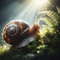 Wet snail with coiled shell while navigating the forest moss and delicate ferns under a gentle sun light. ai generative