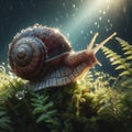 Wet snail with coiled shell while navigating the forest moss and delicate ferns under a gentle sun light. ai generative