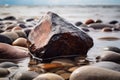 Wet stone lays in the shallow water surrounded by pebbles. AI-generated. Royalty Free Stock Photo