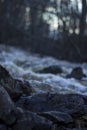 Wet stones in the foreground, spring flood of a usually small river in a forest in northern Sweden. Royalty Free Stock Photo