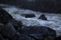 Wet stones in the foreground, spring flood of a usually small river in a forest in northern Sweden. Royalty Free Stock Photo