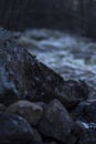 Wet stones in the foreground, spring flood of a usually small river in a forest in northern Sweden. Royalty Free Stock Photo