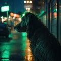 A wet stray dog sits in rain with an urban city backdrop. A generative AI image of a street dog.