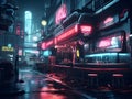 A wet street with a bar and neon lights