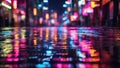 Wet surface of the road on the blurred background of multi-colored lights of the evening city Royalty Free Stock Photo