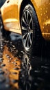 Wet traction Close up of car tires gripping rain soaked pavement