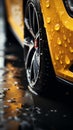 Wet traction Close up of car tires gripping rain soaked pavement