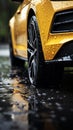 Wet traction Close up of car tires gripping rain soaked pavement