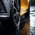 Wet traction Close up of car tires gripping rain soaked pavement