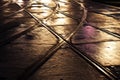 Wet trolley railes in the light and streets Royalty Free Stock Photo