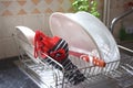 Wet umbrella is drying in a dish rack. Royalty Free Stock Photo