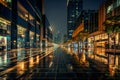 Wet urban street with reflections of lights at night. Modern cityscape and architecture. Evening business district scene Royalty Free Stock Photo