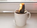 Wet used disposable tea bag on a metal spoon lying on a white dirty ceramic cup in the backlight from the window. Royalty Free Stock Photo