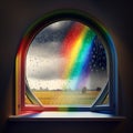 A wet window with raindrops, a rainbow outside the window in the distance, symbolizes hope Royalty Free Stock Photo