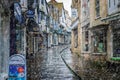 Wet and Wintry scene - snowing in Cheap Street, Frome, Somerset, UK