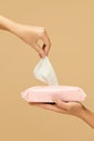 Wet Wipes. Hand Picked Napkin From Pink Pack To Stop COVID-19. Daily Hygiene