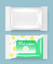 Wet wipes package plastic bag mockups. White blank and chamomile cosmetic napkins, wet tissue in pack with flap, vector. Royalty Free Stock Photo