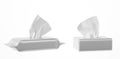 Wet wipes pouch and paper napkin box, open blank packages angle view. Realistic mockup white plastic and carton pack