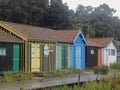 Wet wooden fisherman huts, sad and rainy weather. Ocean, Ile d\'Oleron, France Royalty Free Stock Photo