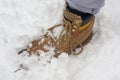 Wet yellow boot in the cold water and snow