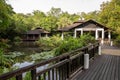 SINGAPORE - December 2018: Wetland Center buildings and pond at the Sungei Buloh Wetland Reserve.