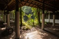 SINGAPORE - December 2018: View to the beautiful nature from inside building at the Sungei Buloh Wetland Reserve.