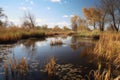 wetland with clear, still water and tall reeds in the background