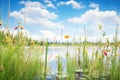 a wetland panorama with scattered cattails and wildflowers Royalty Free Stock Photo
