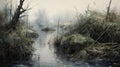 Wetland: A Photorealistic Oil Painting Of A Swamp By Alan Lee