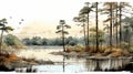 Wetland Sketch: Forest Birds And Pine Trees In Calm Waters Royalty Free Stock Photo