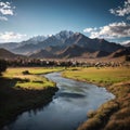 wetland with small river run throuth, leh, ladakh, india made with Generative AI Royalty Free Stock Photo