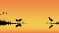 Wetland waterscape flat illustration for cover or background with birds silhouette orange gradient