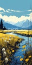 Transcendent Wetland Landscape With Yellow Flowers And Mountains