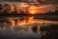 wetlands and marshes, with view of the sunset over a lake