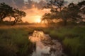 wetlands and marshes, with view of sunset or sunrise, providing a peaceful and serene setting