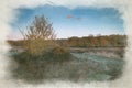 Wetley Moor. Digital watercolor painting of a frozen pond